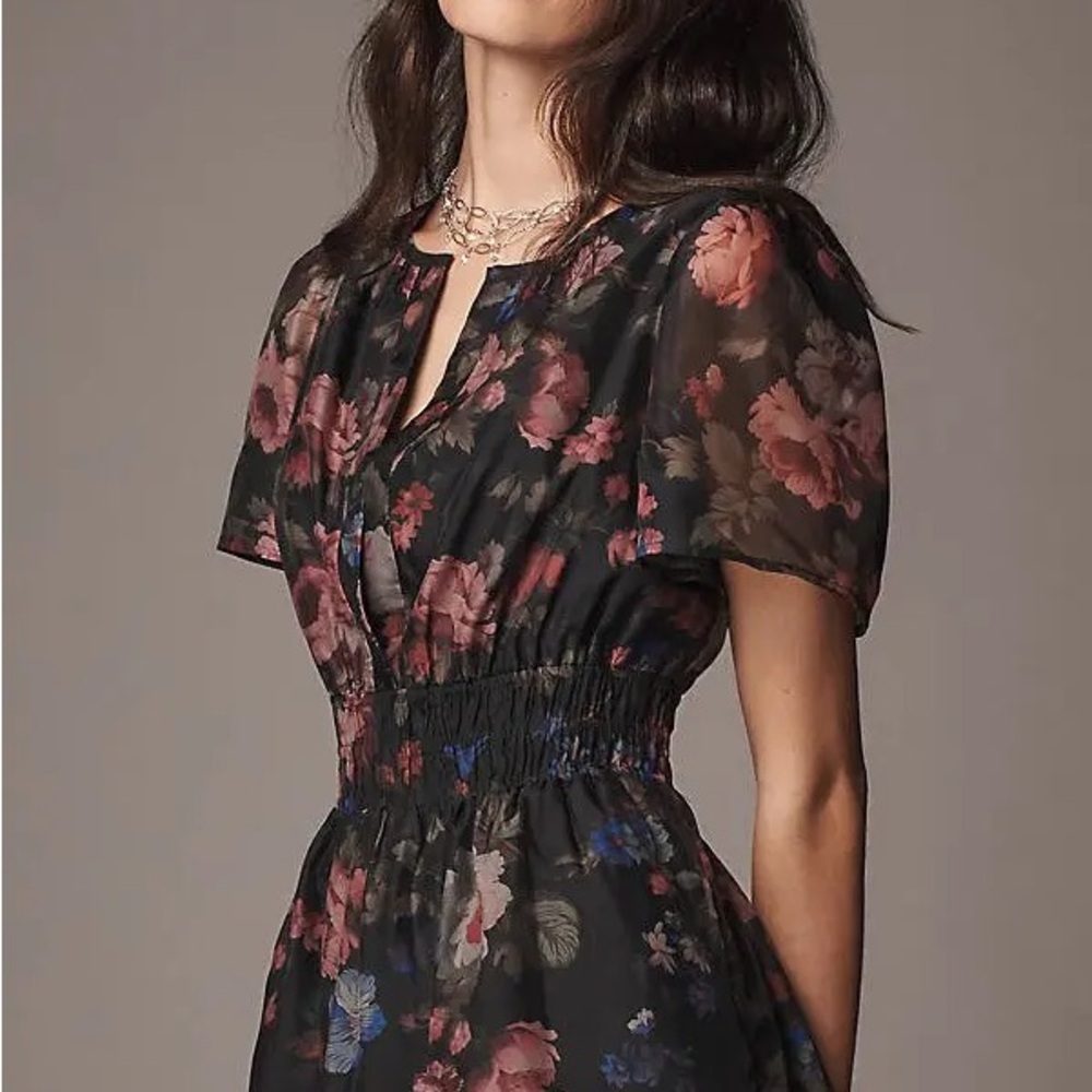 Anthropologie Black Floral Mini Dress Organza